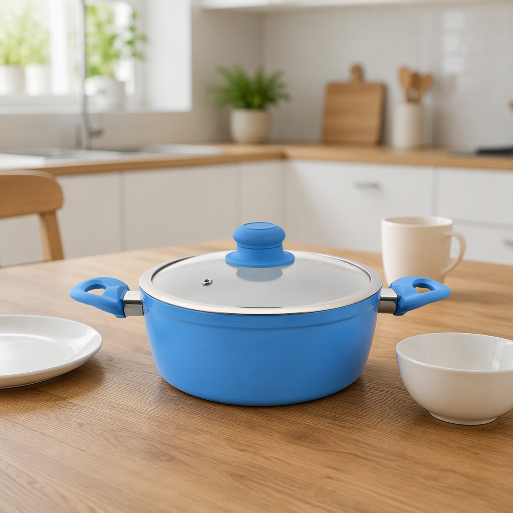 24 cm Durable and Lightweight Forged Non Stick Casserole Soup Pot with Bakelite Handle and Glass Lid for All Heat Sources