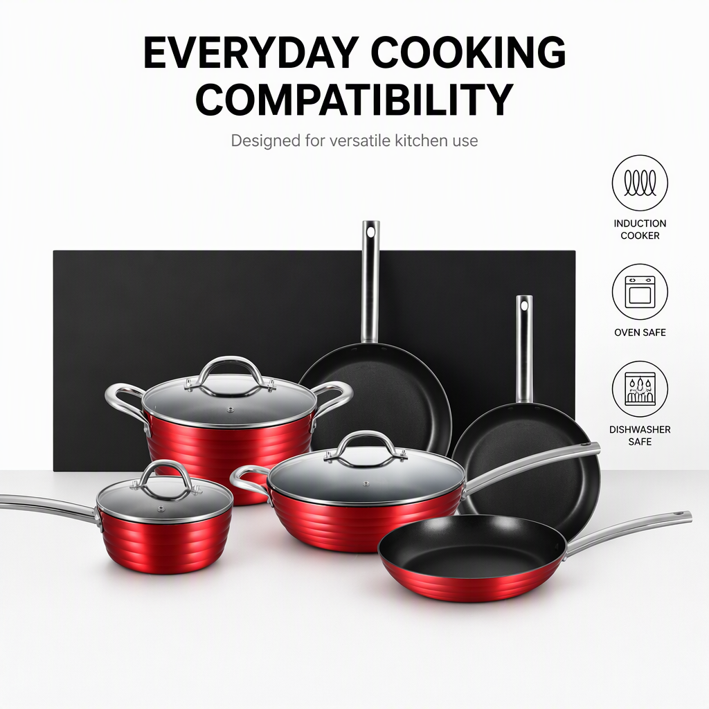 Kitchenware Set 9 Piece Non Stick Cookware Pot Set Metallic Red Outside S/S Handle Induction Bottom