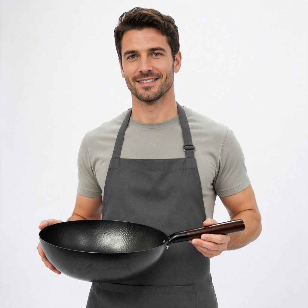 30cm Carbon Steel Round Wok Nitrided Surface Wood Handle Non Stick Stir Fry Pan for Gas and Induction Cookers