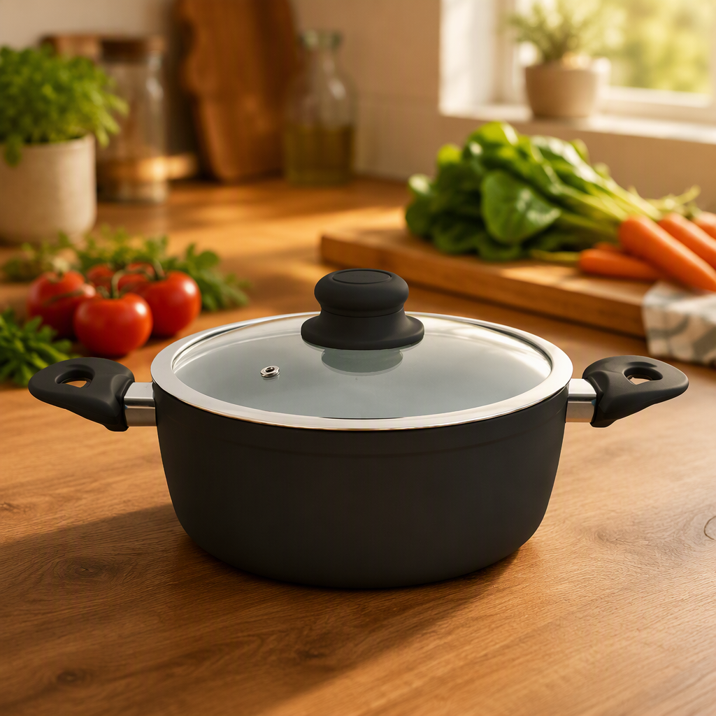 24 cm Durable and Lightweight Forged Non Stick Casserole Soup Pot with Bakelite Handle and Glass Lid for All Heat Sources