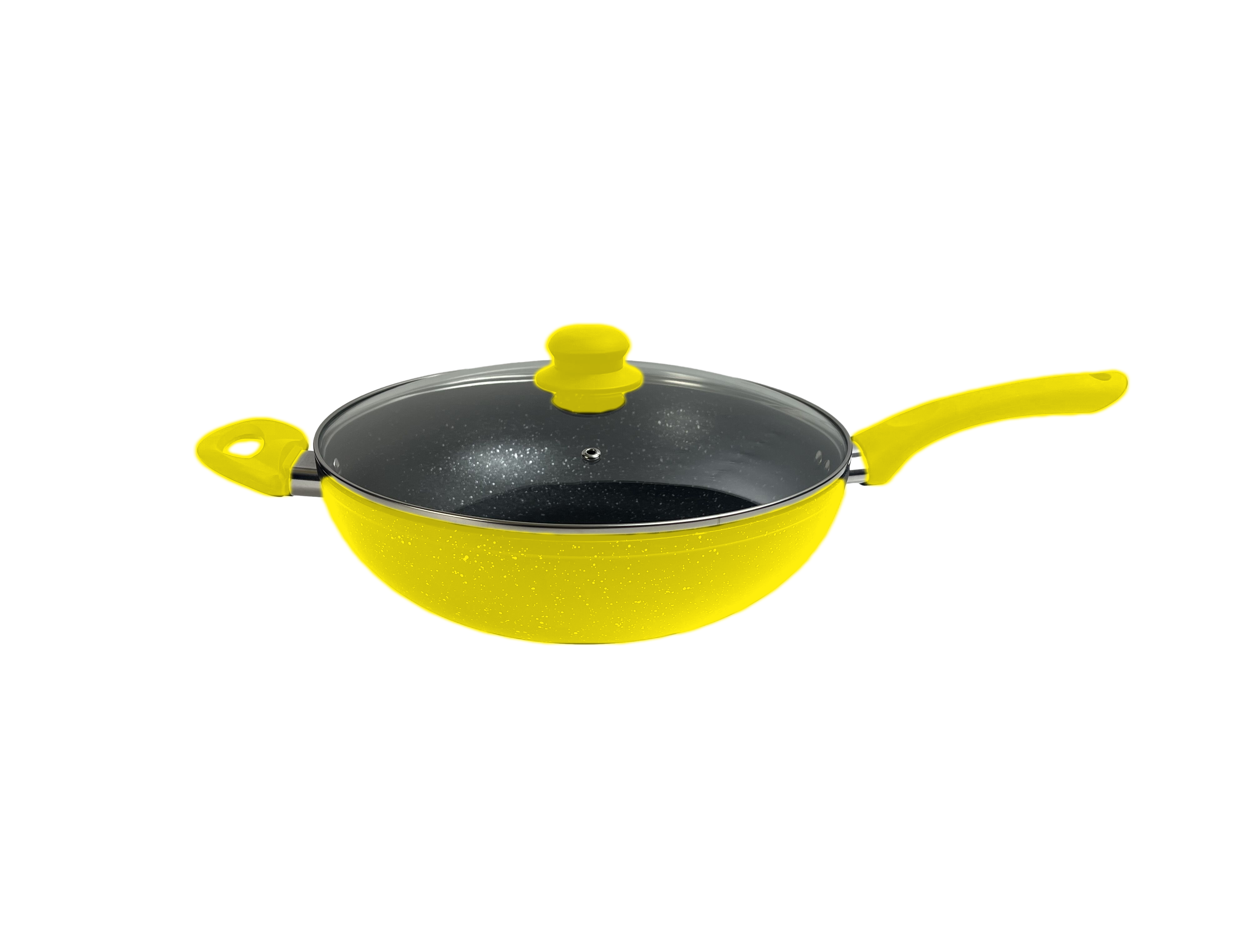 26 cm Non Stick Forged Aluminum Wok Marble Coating Glass Lid Cool Handle 3.5 L for Gas and Induction Cookers
