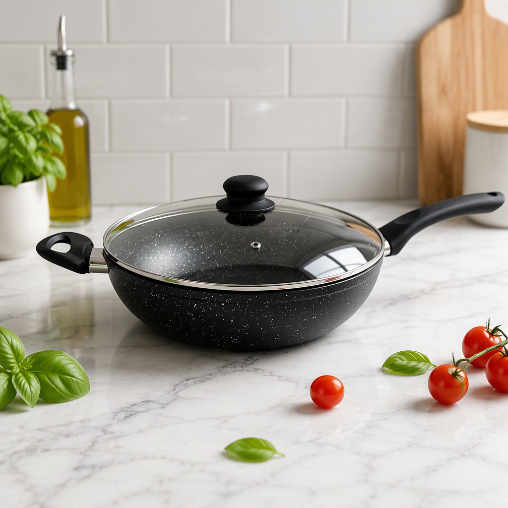 26 cm Non Stick Forged Aluminum Wok Marble Coating Glass Lid Cool Handle 3.5 L for Gas and Induction Cookers