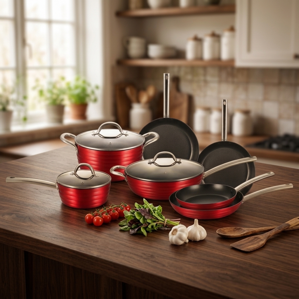 Kitchenware Set 9 Piece Non Stick Cookware Pot Set Metallic Red Outside S/S Handle Induction Bottom