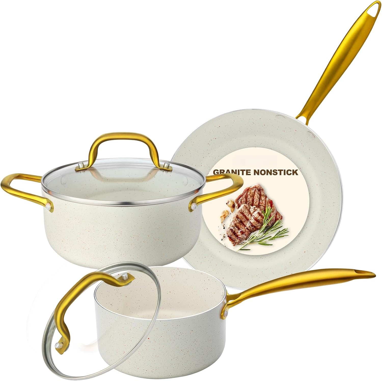 5-PIECE Classic Kitchenware Set Stainless Steel Handle PVD Ceramic Coating Interior Glass Lid Induction Bottom Eco-Friendly