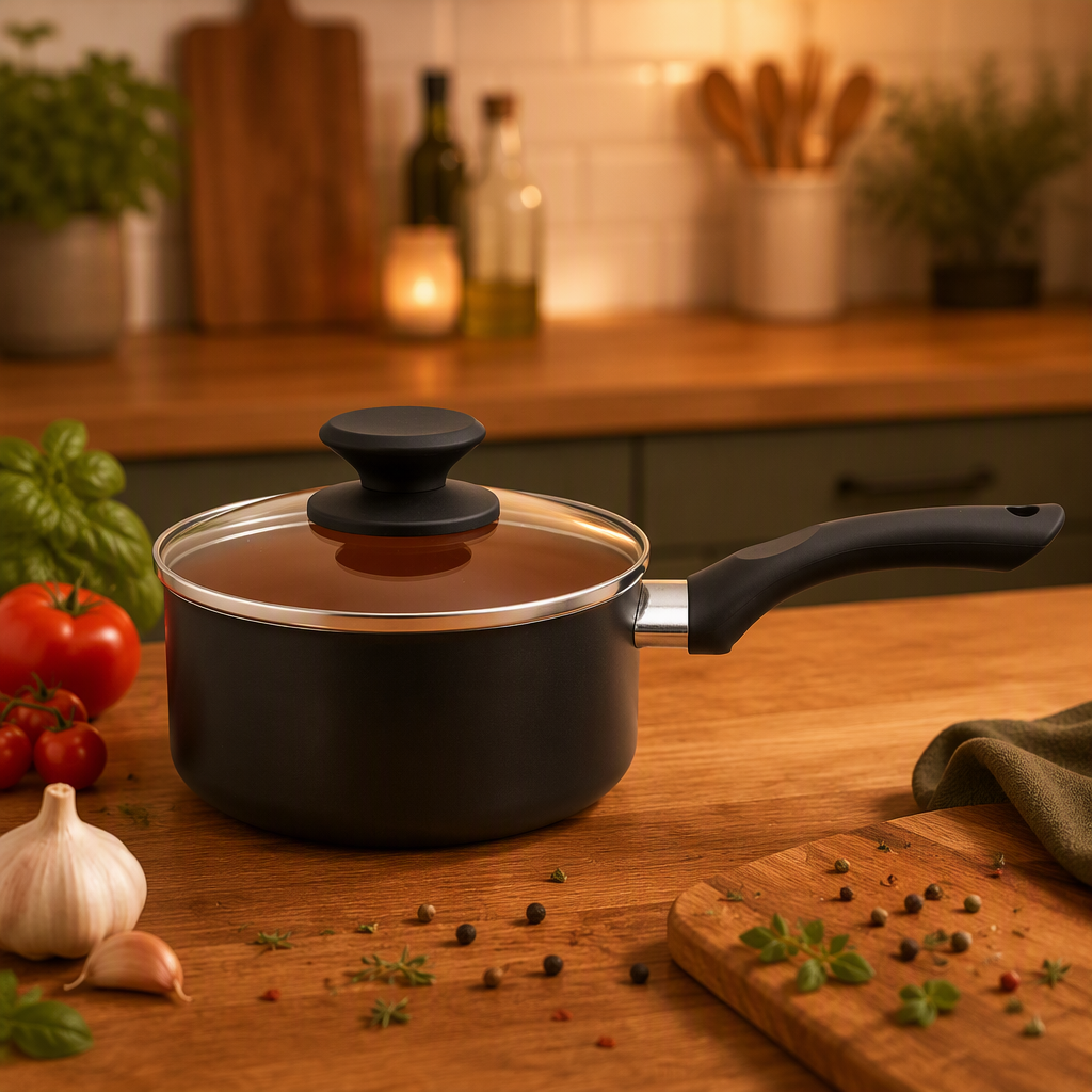 24 cm Non Stick Aluminum Saucepan with Glass Lid Multi Layer Coating Lightweight Cooking Pot for Gas and Induction