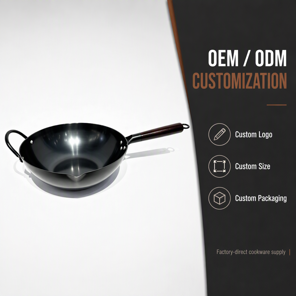 30cm Carbon Steel Round Wok Nitrided Surface Wood Handle Non Stick Stir Fry Pan for Gas and Induction Cookers