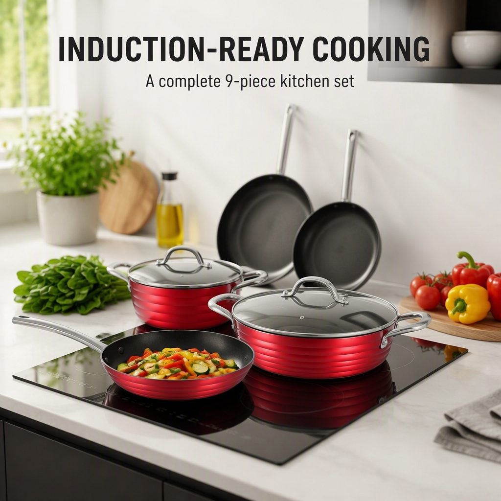 Kitchenware Set 9 Piece Non Stick Cookware Pot Set Metallic Red Outside S/S Handle Induction Bottom