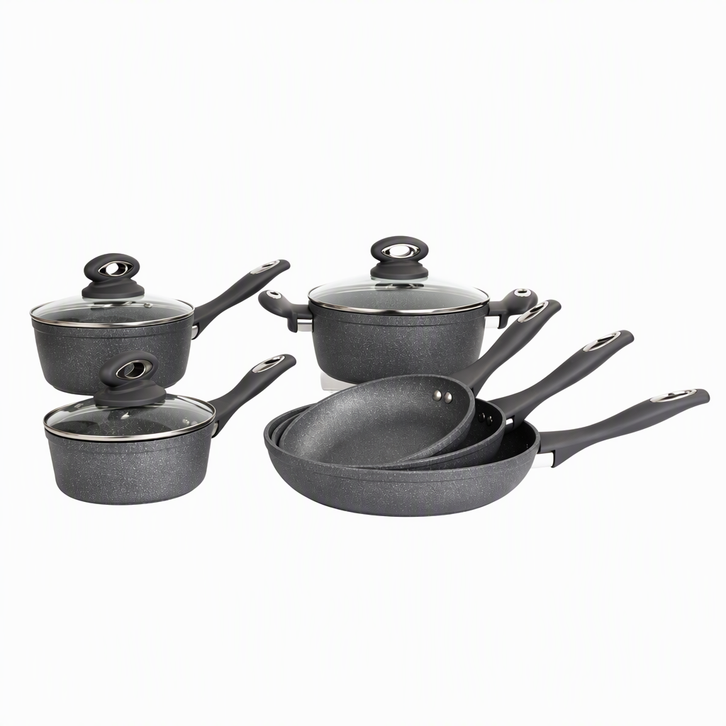 9 Piece Forged Aluminum Cookware Set Marble Coating Induction Base Glass Lids Oven and Dishwasher Safe