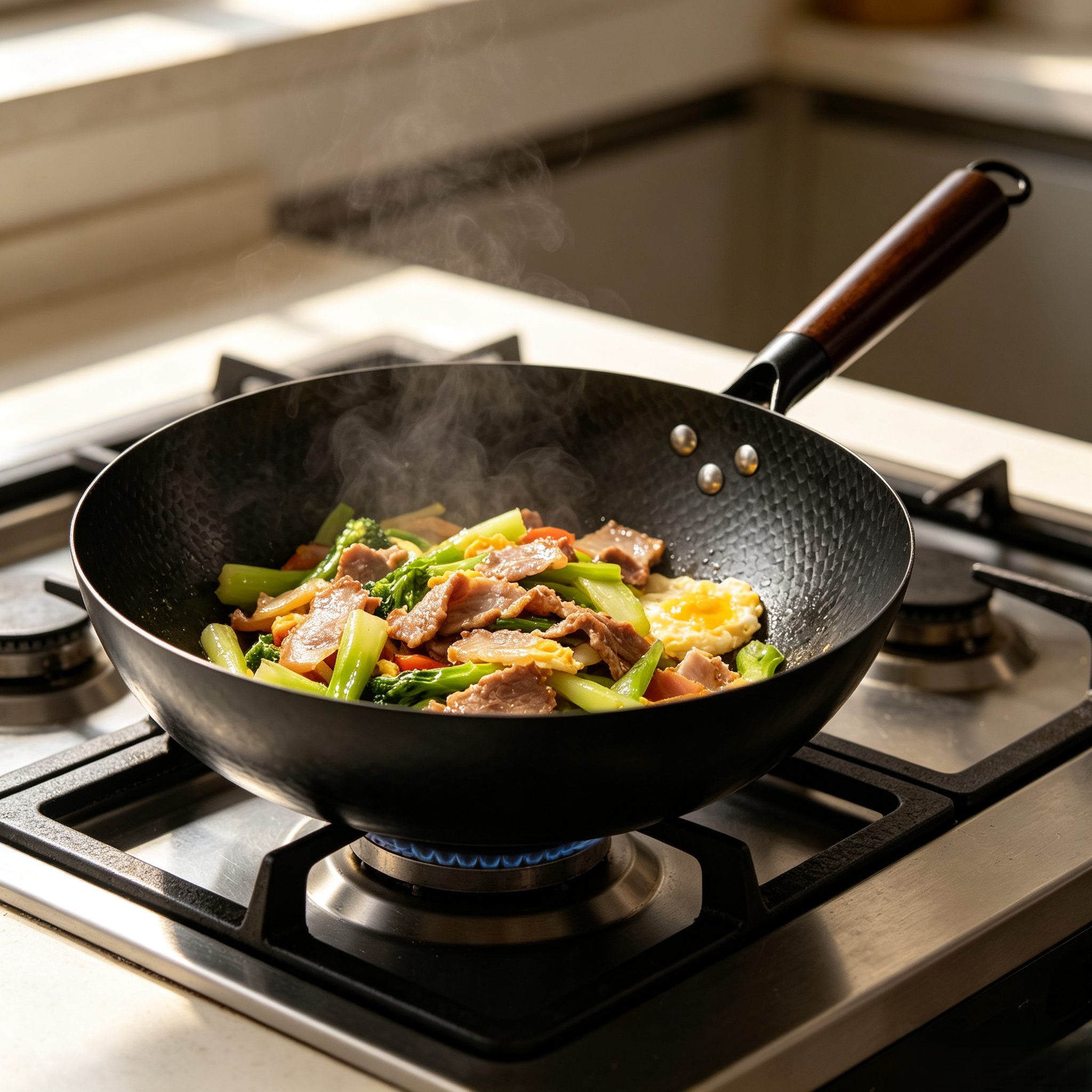 CAMRY Customized Logo No Coating Nitrided Nonstick Hammered Carbon Steel Wok Wooden Handle 2-3L Capacity Gas Induction
