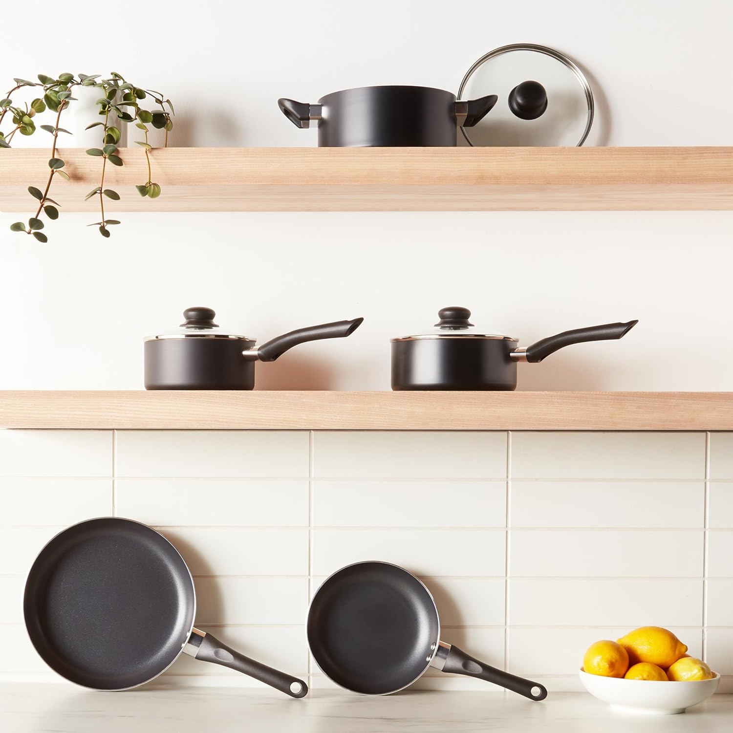 Basics Aluminum Ceramic Non-Stick 8-Piece Cookware Set with Gas & Induction Ready Pots Pans Plastic Hand Grip Pot Cover Black