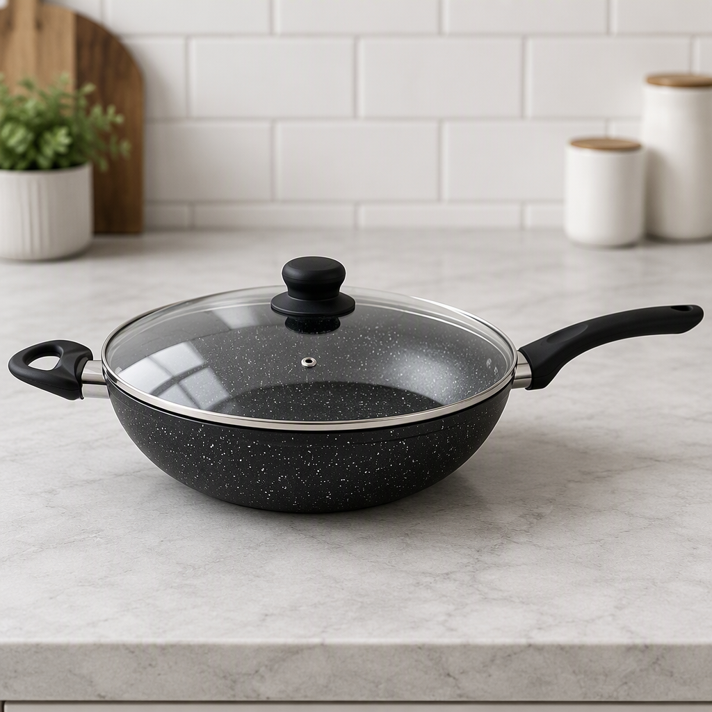 24 cm Forged Aluminum Wok Marble Coating Non Stick Deep Fry Pan Glass Lid Gas and Induction Cooker