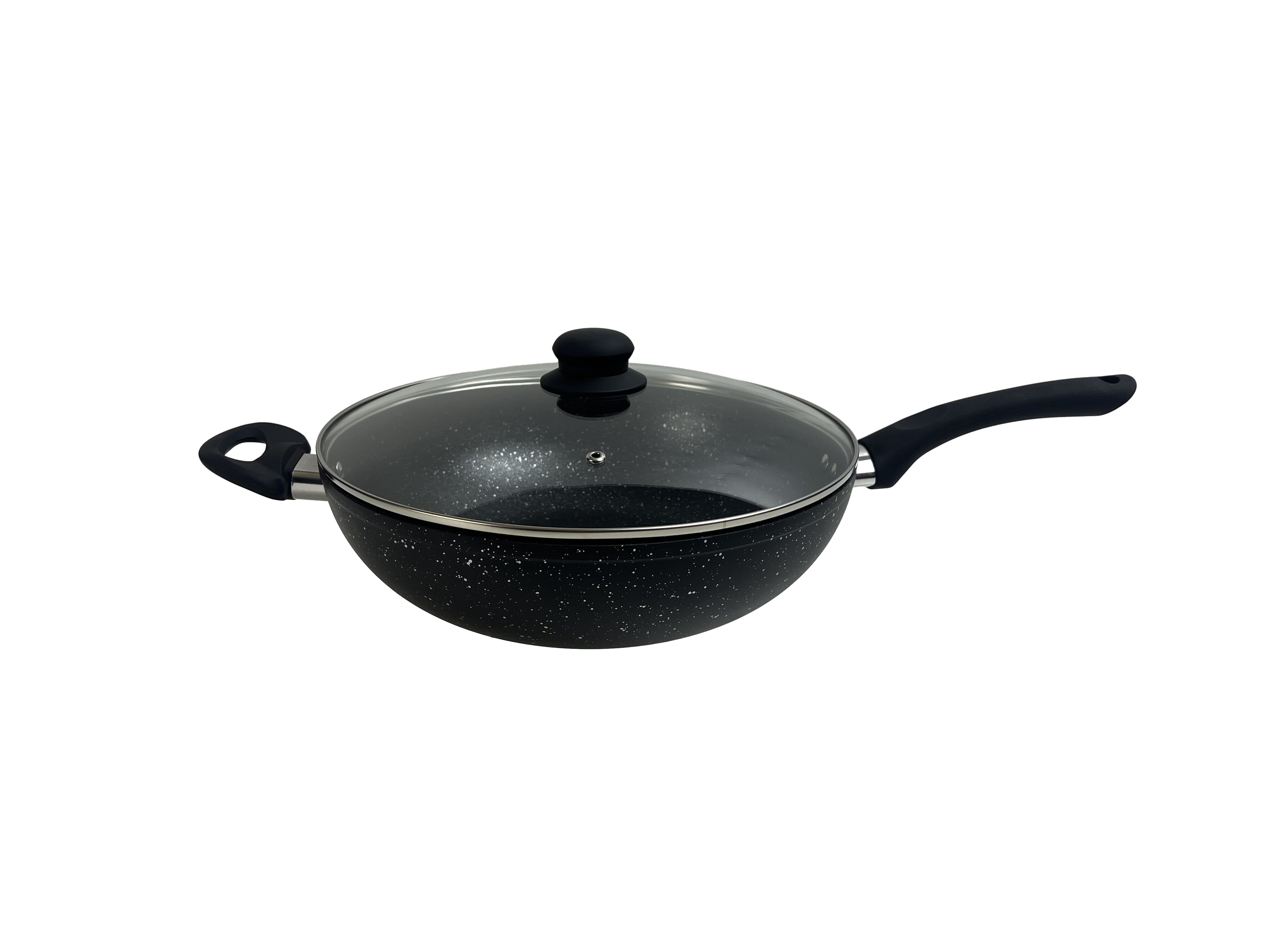 26 cm Non Stick Forged Aluminum Wok Marble Coating Glass Lid Cool Handle 3.5 L for Gas and Induction Cookers