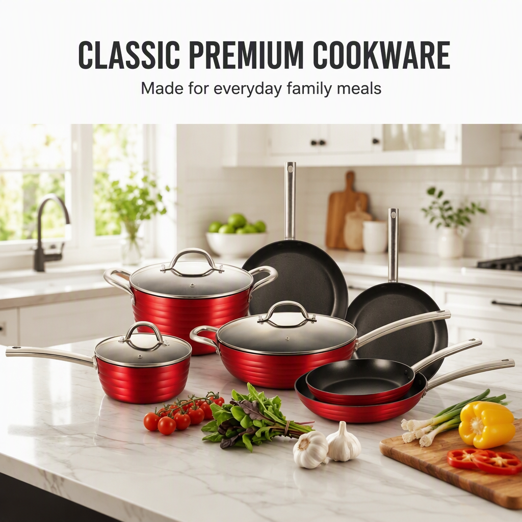 Kitchenware Set 9 Piece Non Stick Cookware Pot Set Metallic Red Outside S/S Handle Induction Bottom