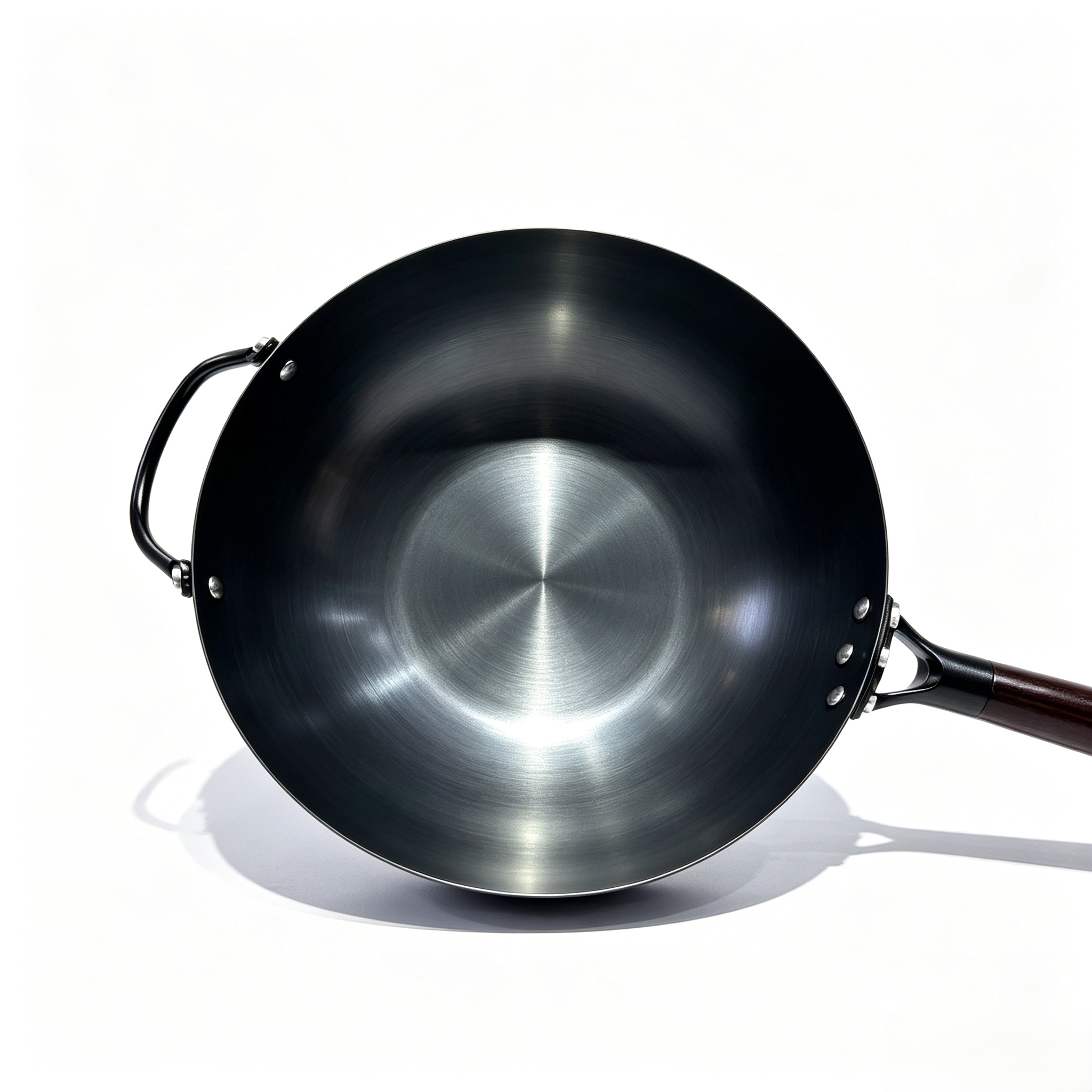 OEM/ODM 28/30/32/34cm Healthy Nitrided No Coating Carbon Steel Wok Gas & Induction Ready Tempered Glass Lid Wooden Handle