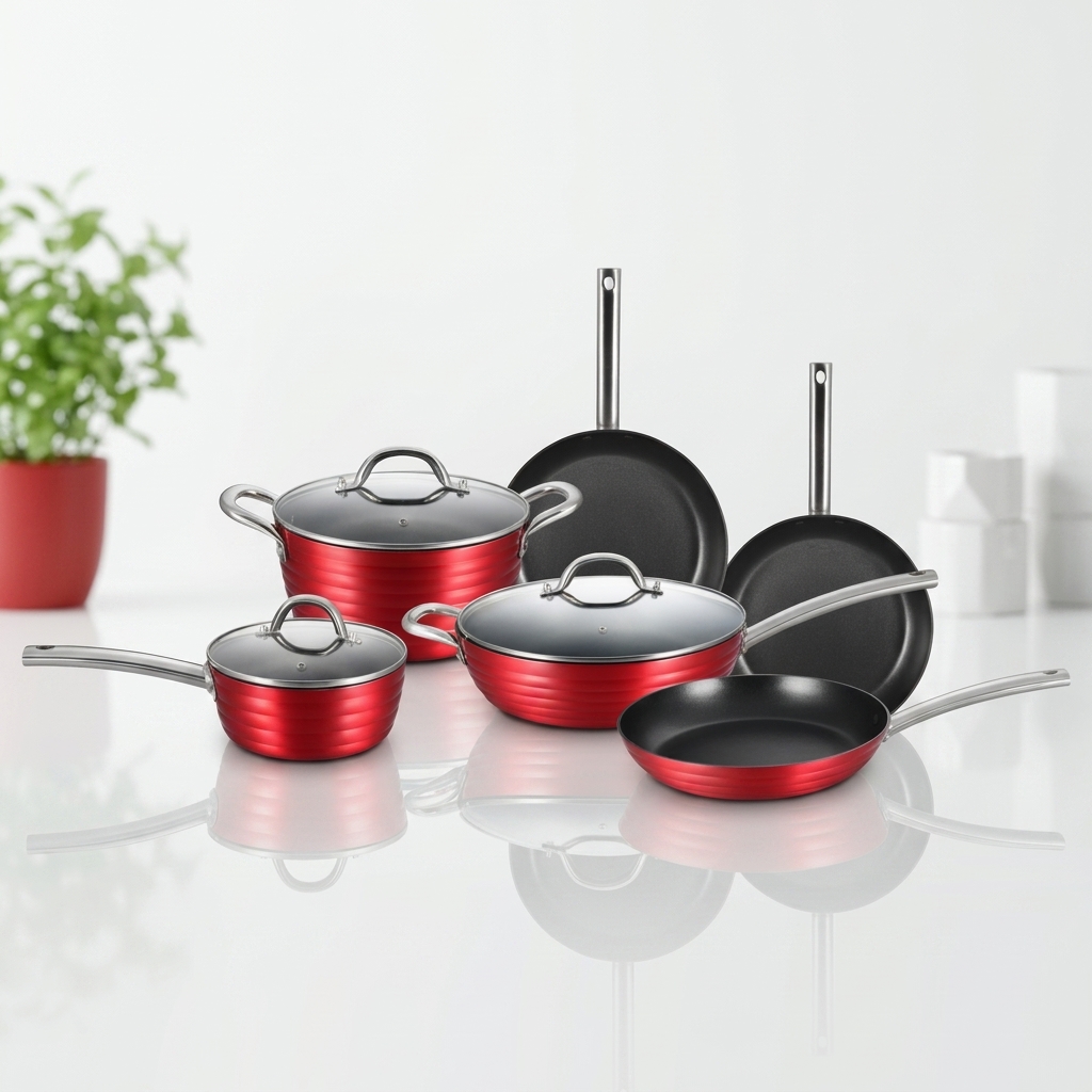 Kitchenware Set 9 Piece Non Stick Cookware Pot Set Metallic Red Outside S/S Handle Induction Bottom