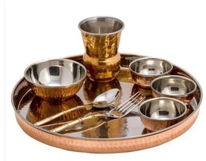 Wholesale Bulk Order Pooja Thali Hammered Design Gold Inlay Large Stainless Steel Durable Thali Set Seller Item Customized Logo