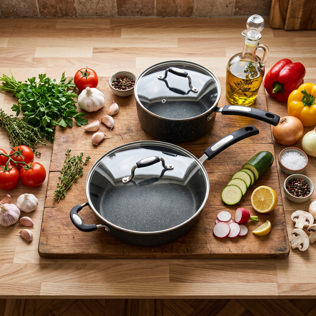 Classic 11 Inch (28cm) Non-Stick Cookware Set Deep Fry Pan Helper Handle Durable Forged Aluminum 4 Quarts Glass Cover Induction