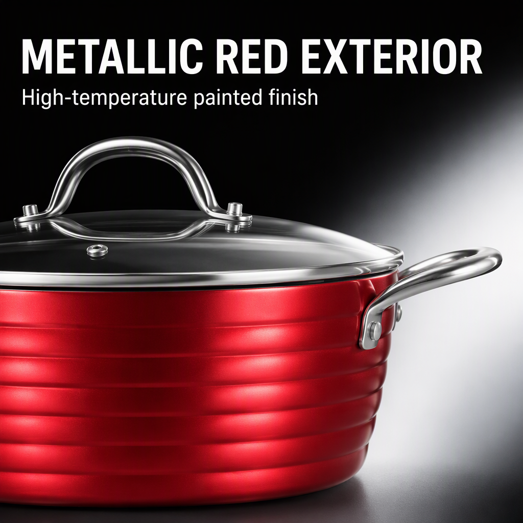 Kitchenware Set 9 Piece Non Stick Cookware Pot Set Metallic Red Outside S/S Handle Induction Bottom