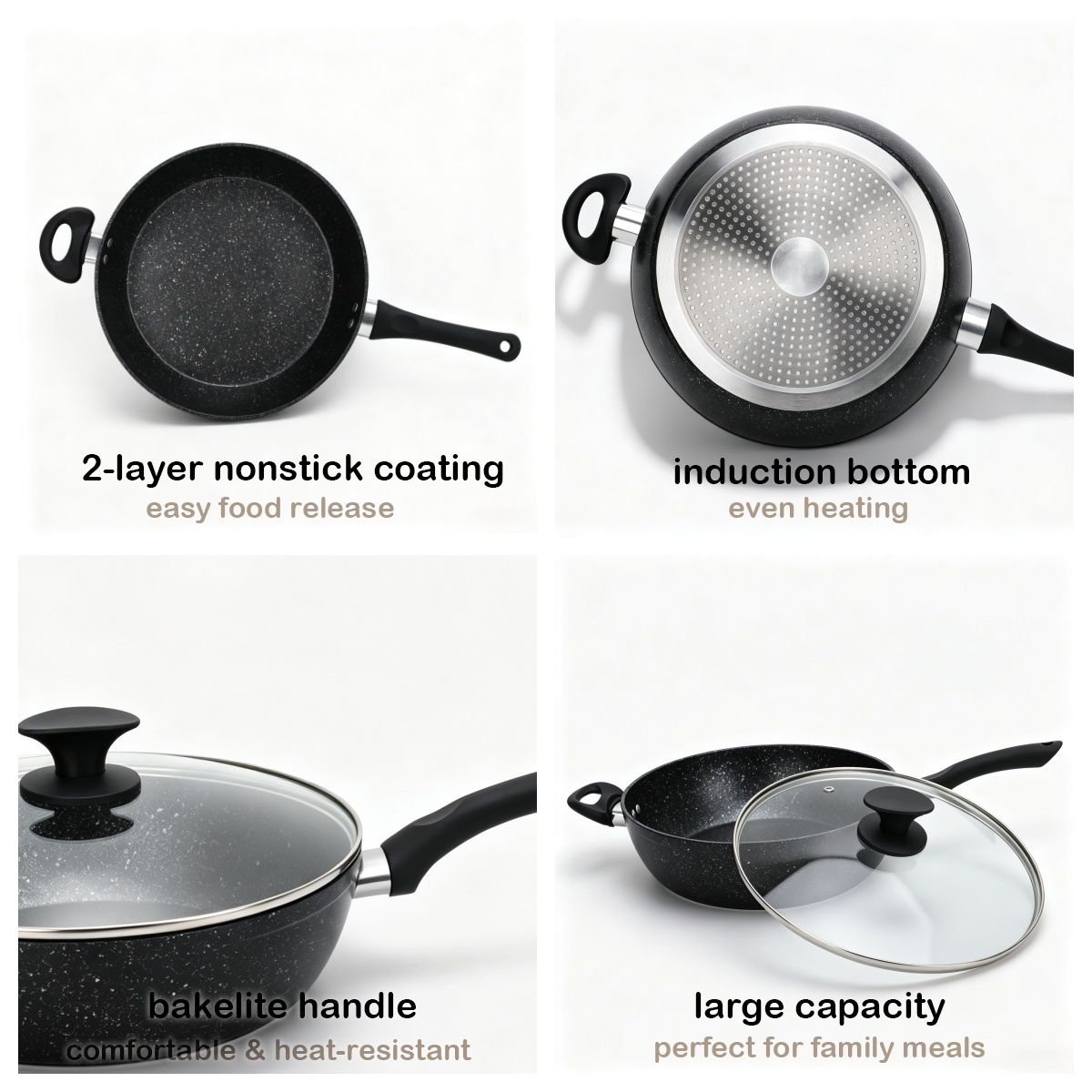 Easy Cleaning Modern Granit Nonstick Aluminum Cookware Pot Multi-function Deep Fry Pan Glass Lid Induction Ready Bakelite Handle