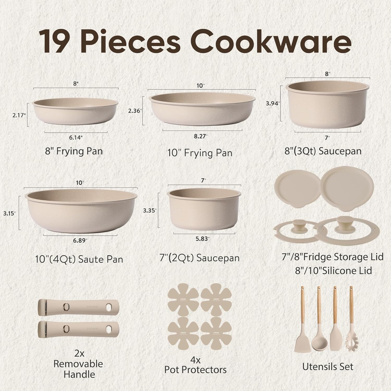 CAROTE 19-Piece Non-Stick Cookware Set Detachable Removable Handles Induction Compatible Oven Safe Dishwasher Safe Gas/Electric