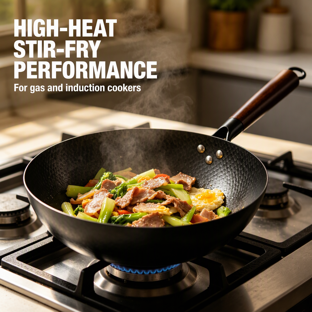 30cm Carbon Steel Round Wok Nitrided Surface Wood Handle Non Stick Stir Fry Pan for Gas and Induction Cookers