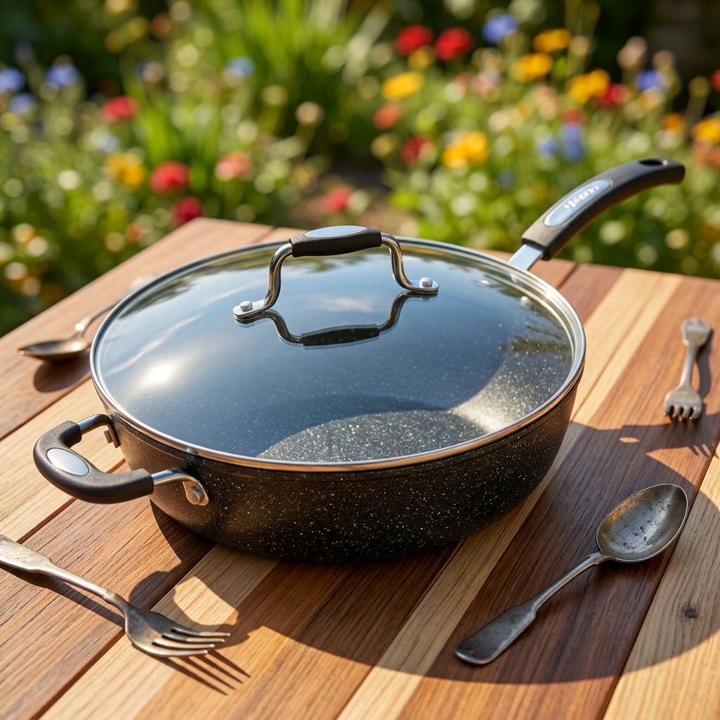 Classic 11 Inch (28cm) Non-Stick Cookware Set Deep Fry Pan Helper Handle Durable Forged Aluminum 4 Quarts Glass Cover Induction