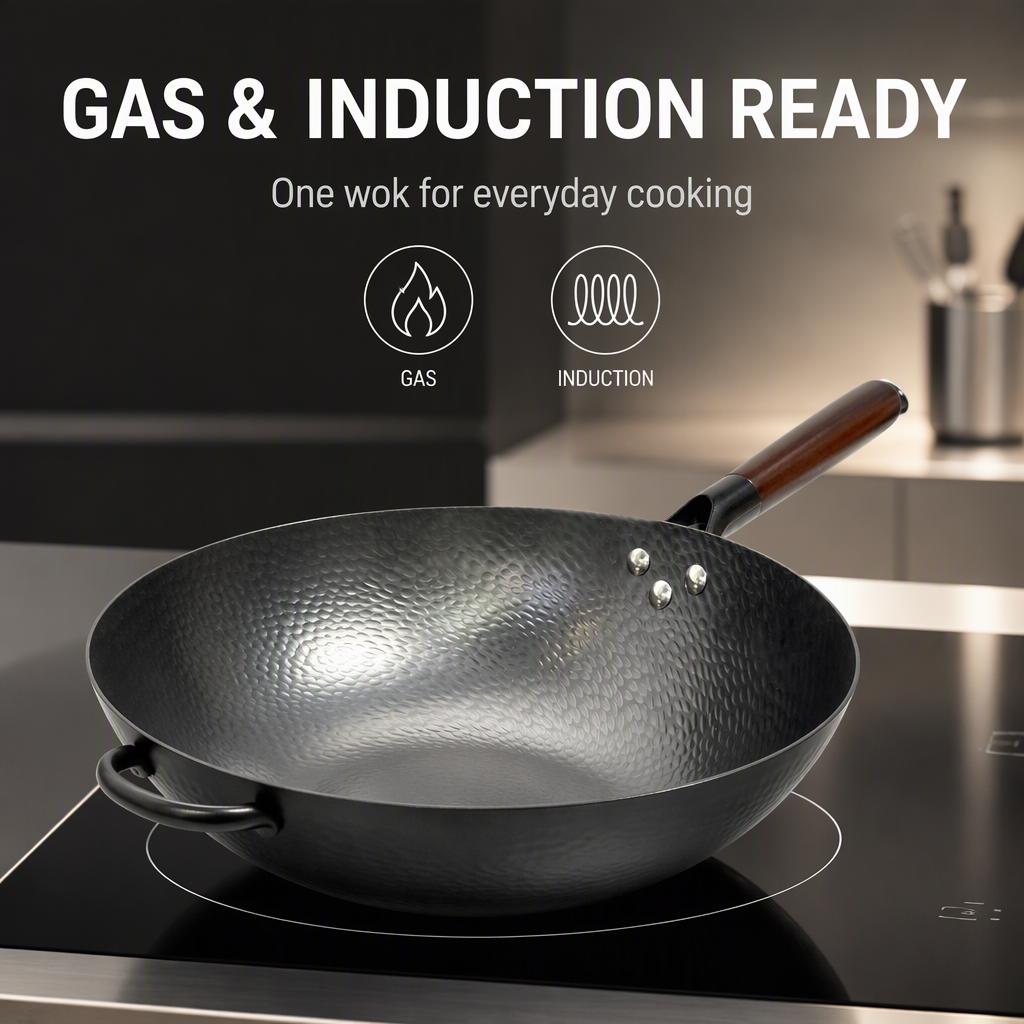 30cm Carbon Steel Round Wok Nitrided Surface Wood Handle Non Stick Stir Fry Pan for Gas and Induction Cookers