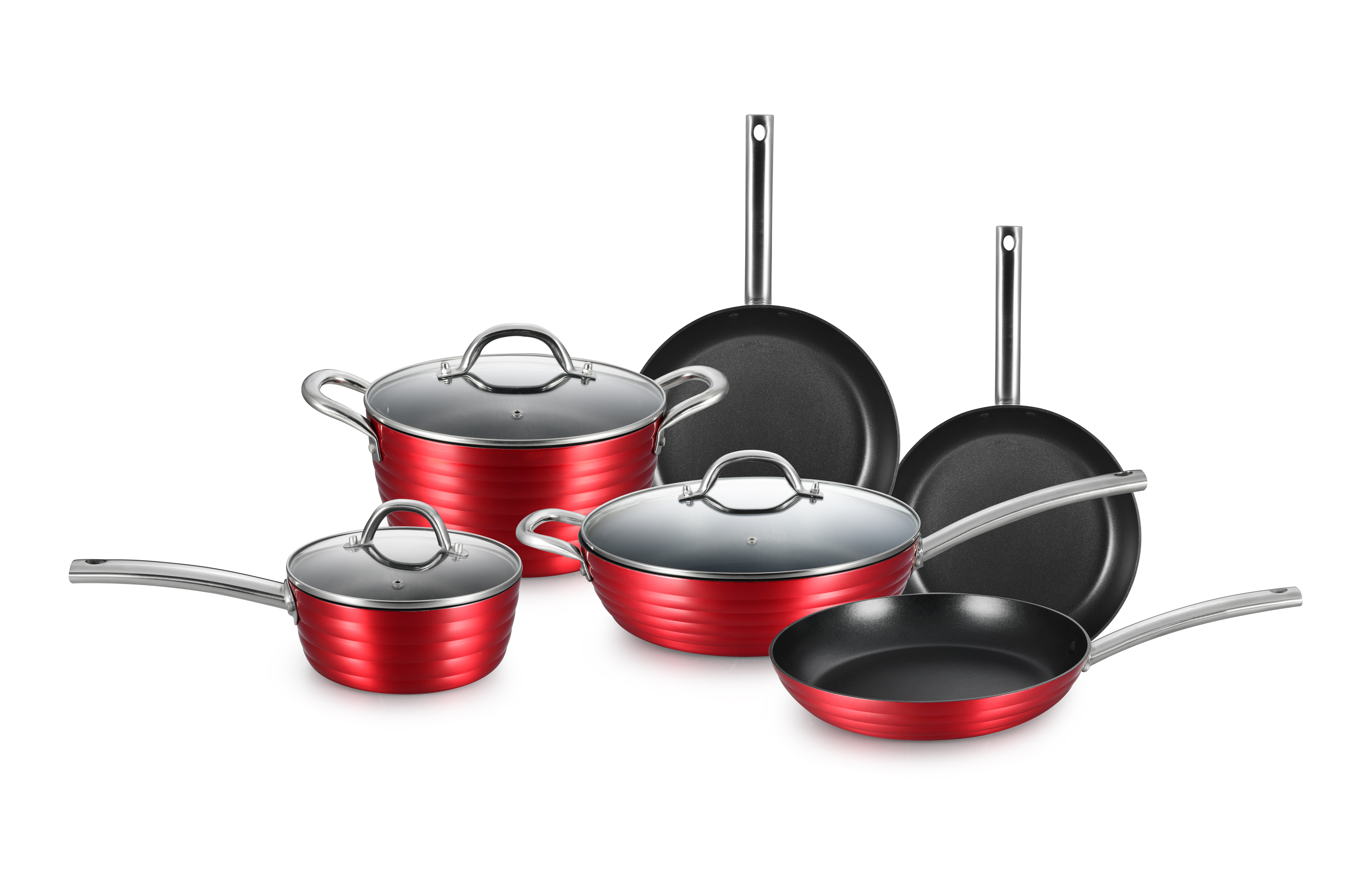 Kitchenware Set 9 Piece Non Stick Cookware Pot Set Metallic Red Outside S/S Handle Induction Bottom