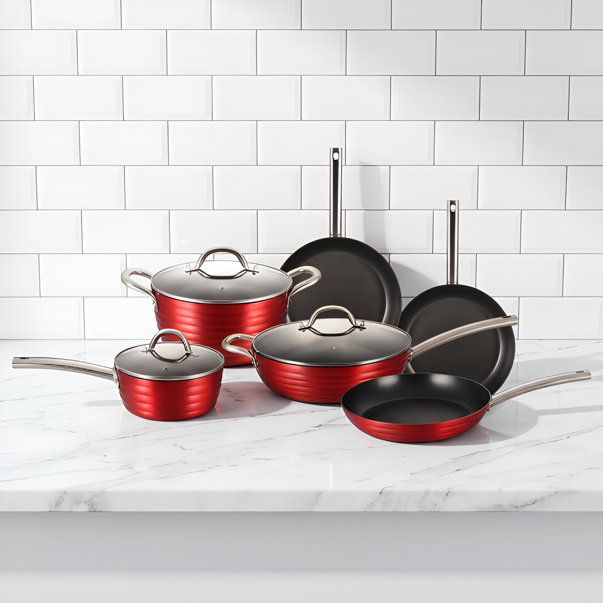 Kitchenware Set 9 Piece Non Stick Cookware Pot Set Metallic Red Outside S/S Handle Induction Bottom