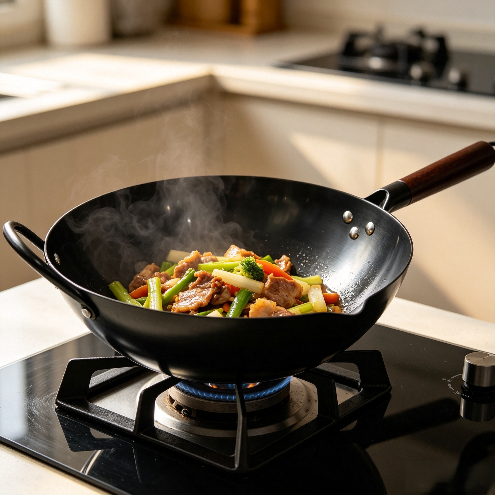 OEM/ODM 28/30/32/34cm Healthy Nitrided No Coating Carbon Steel Wok Gas & Induction Ready Tempered Glass Lid Wooden Handle