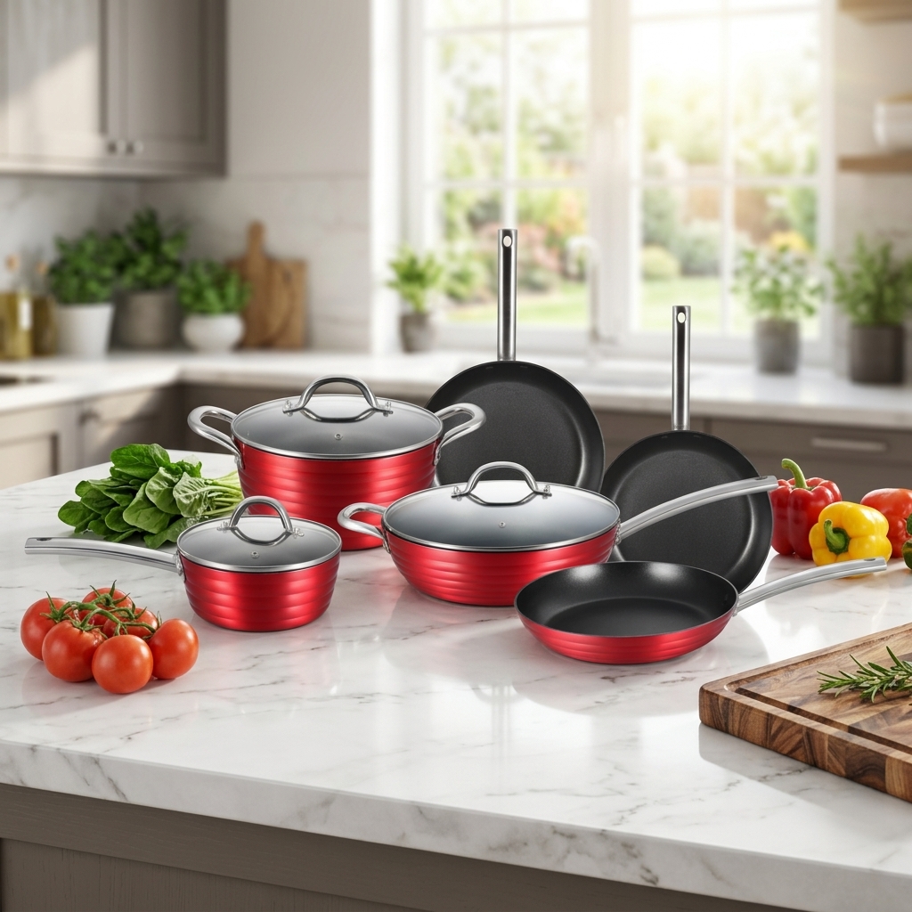Kitchenware Set 9 Piece Non Stick Cookware Pot Set Metallic Red Outside S/S Handle Induction Bottom