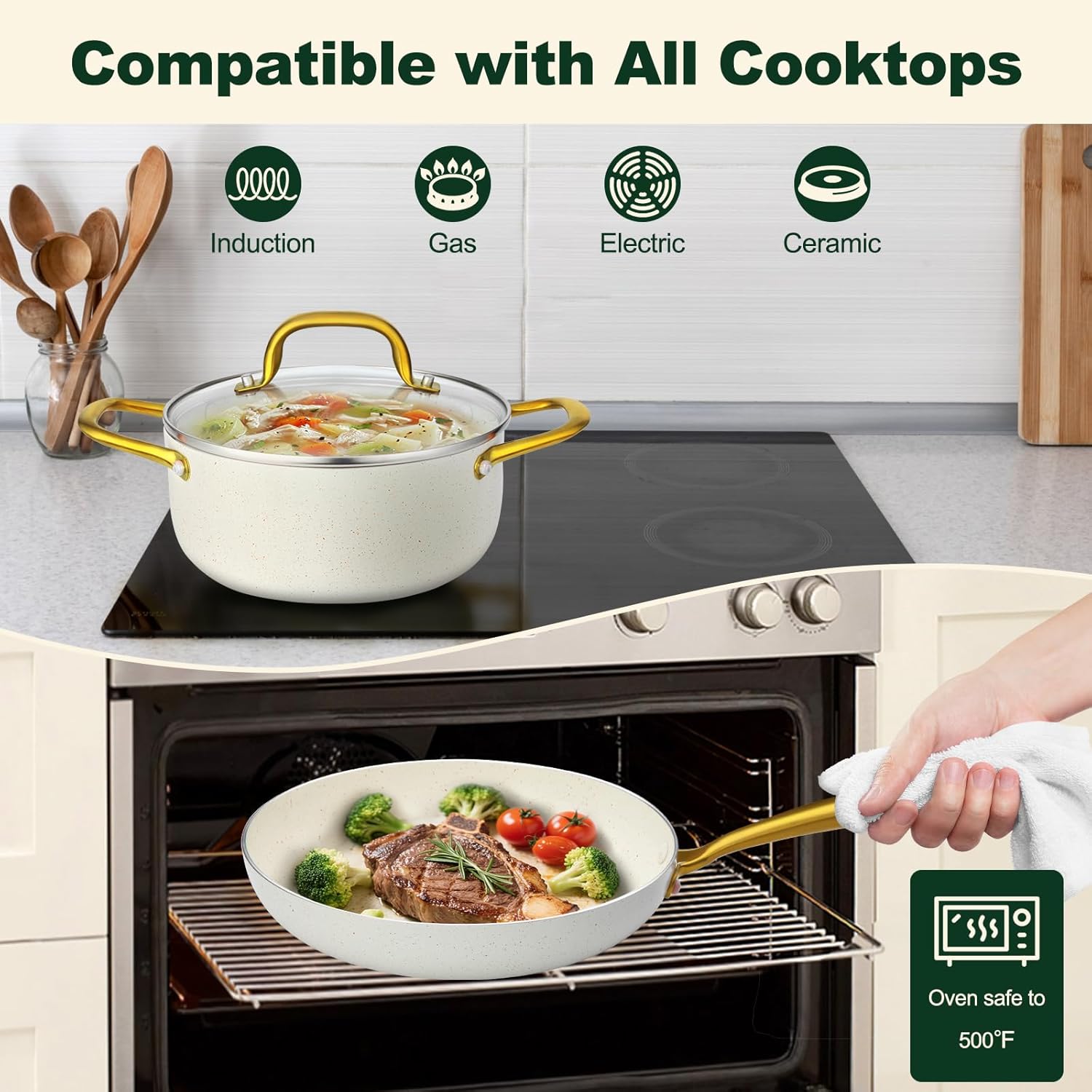 5-PIECE Classic Kitchenware Set Stainless Steel Handle PVD Ceramic Coating Interior Glass Lid Induction Bottom Eco-Friendly