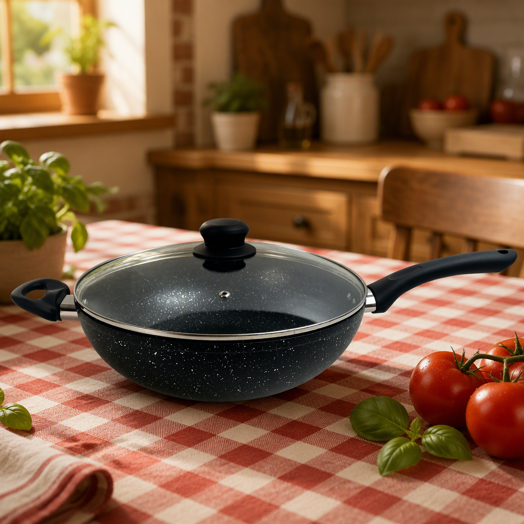 24 cm Forged Aluminum Wok Marble Coating Non Stick Deep Fry Pan Glass Lid Gas and Induction Cooker