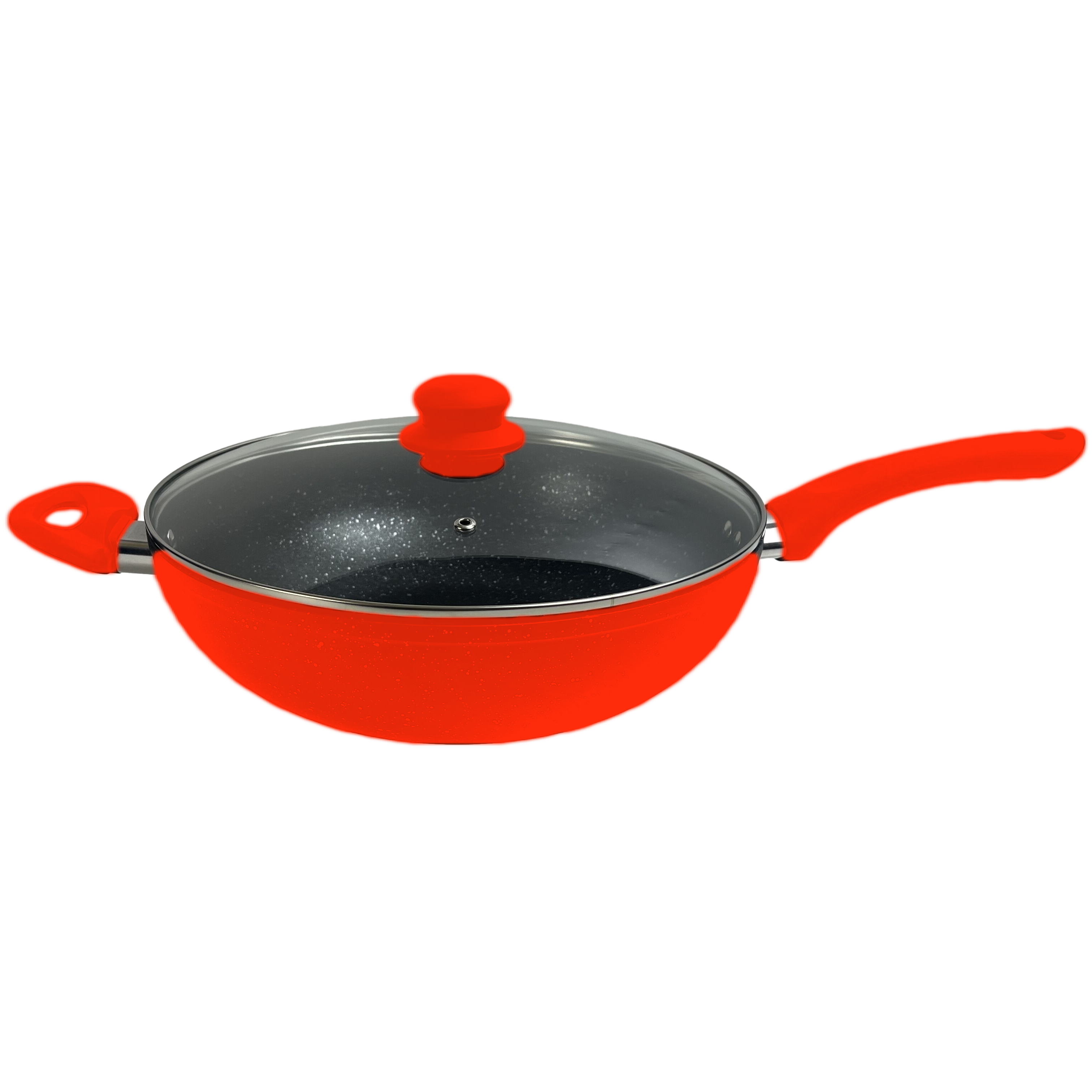 26 cm Non Stick Forged Aluminum Wok Marble Coating Glass Lid Cool Handle 3.5 L for Gas and Induction Cookers