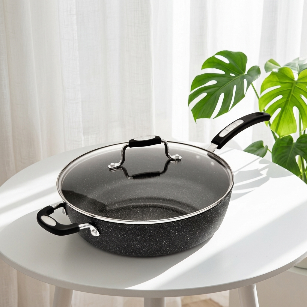 Classic 11 Inch (28cm) Non-Stick Cookware Set Deep Fry Pan Helper Handle Durable Forged Aluminum 4 Quarts Glass Cover Induction