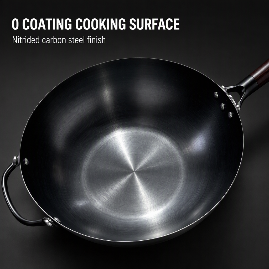 30cm Carbon Steel Round Wok Nitrided Surface Wood Handle Non Stick Stir Fry Pan for Gas and Induction Cookers