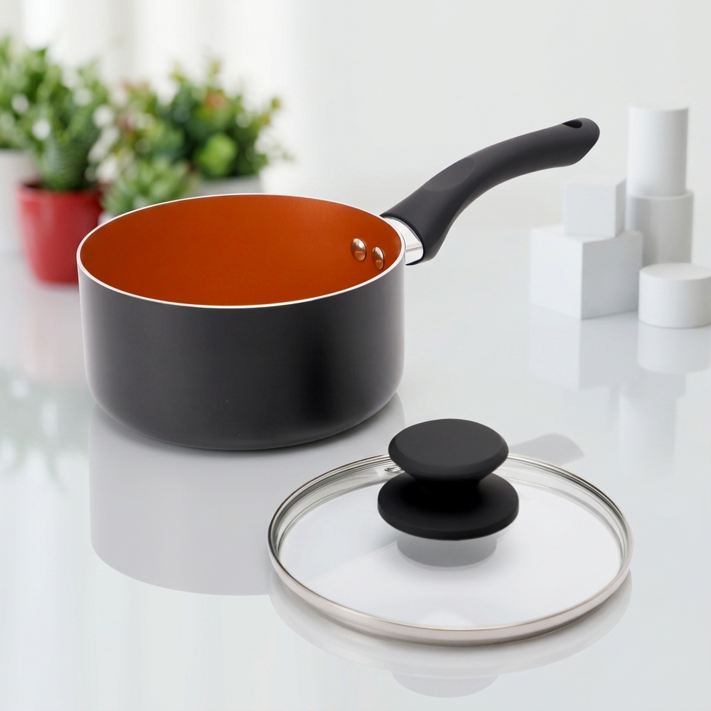 1.5QT Modern Metal Sauce Pan Glass Lid Non-Stick Coating 2-Layer Ceramic Interior Eco-Friendly Black Bakelite Soft Touch Handle