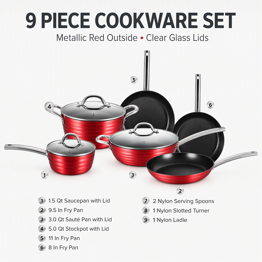 Kitchenware Set 9 Piece Non Stick Cookware Pot Set Metallic Red Outside S/S Handle Induction Bottom