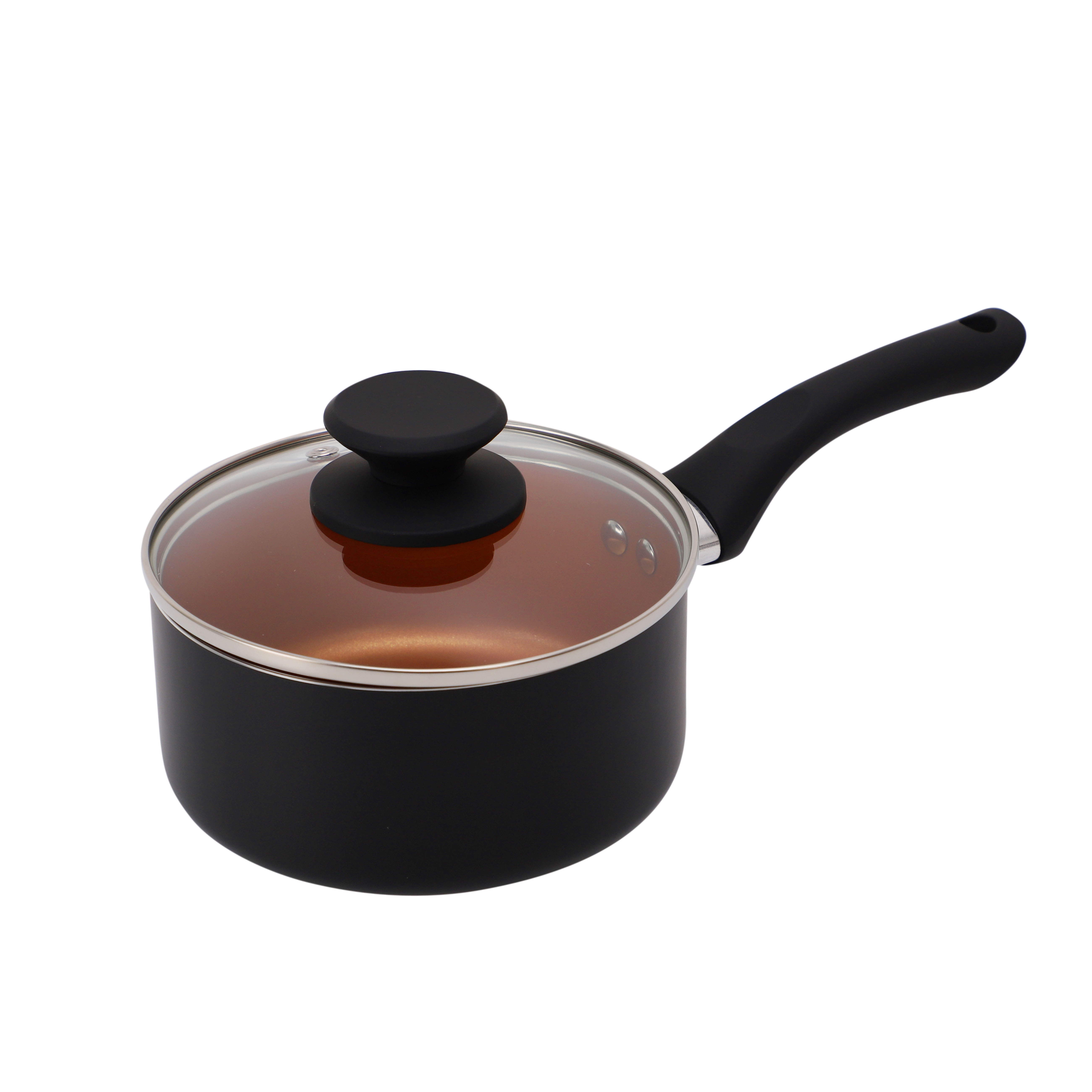 1.5QT Modern Metal Sauce Pan Glass Lid Non-Stick Coating 2-Layer Ceramic Interior Eco-Friendly Black Bakelite Soft Touch Handle