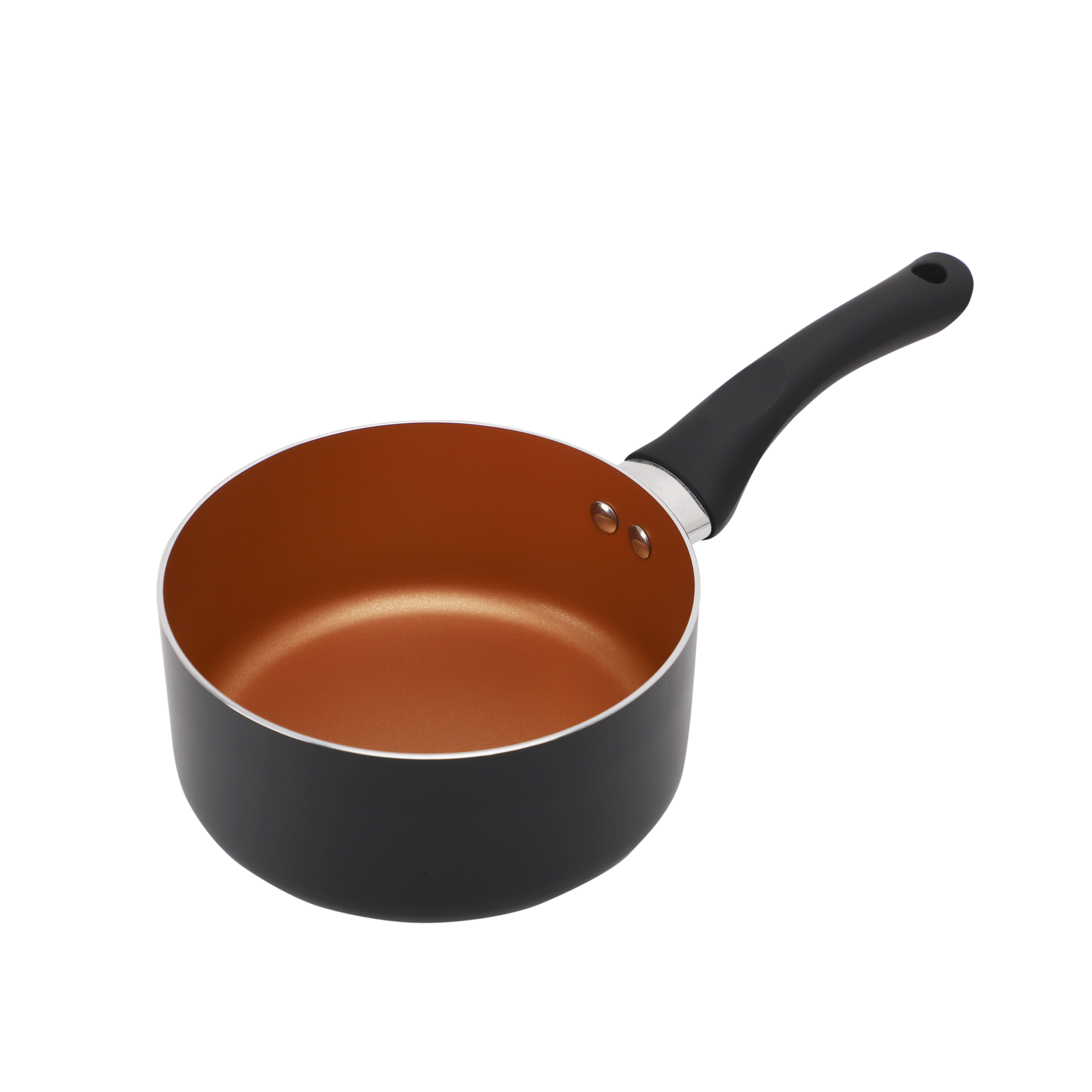 1.5QT Modern Metal Sauce Pan Glass Lid Non-Stick Coating 2-Layer Ceramic Interior Eco-Friendly Black Bakelite Soft Touch Handle