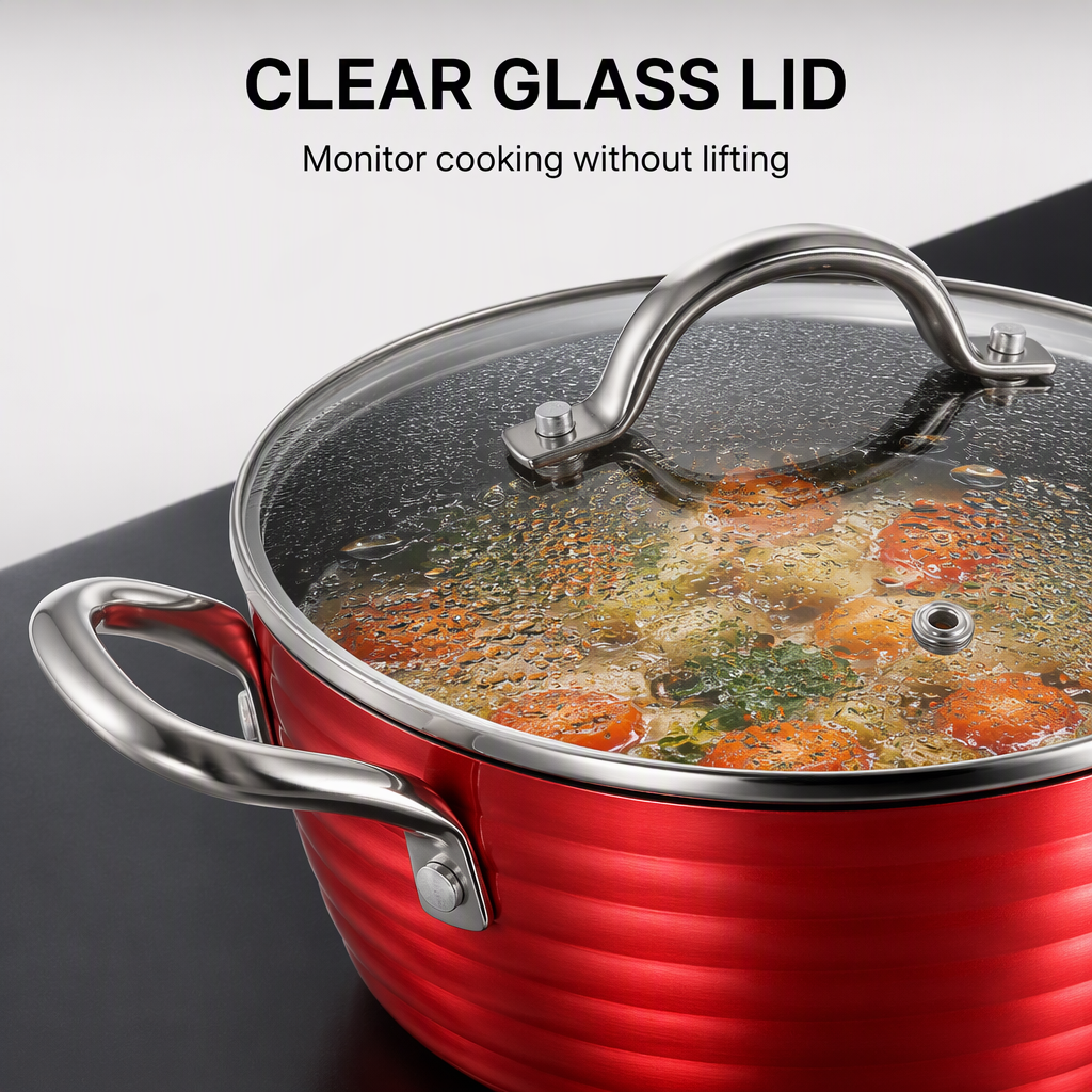 Kitchenware Set 9 Piece Non Stick Cookware Pot Set Metallic Red Outside S/S Handle Induction Bottom