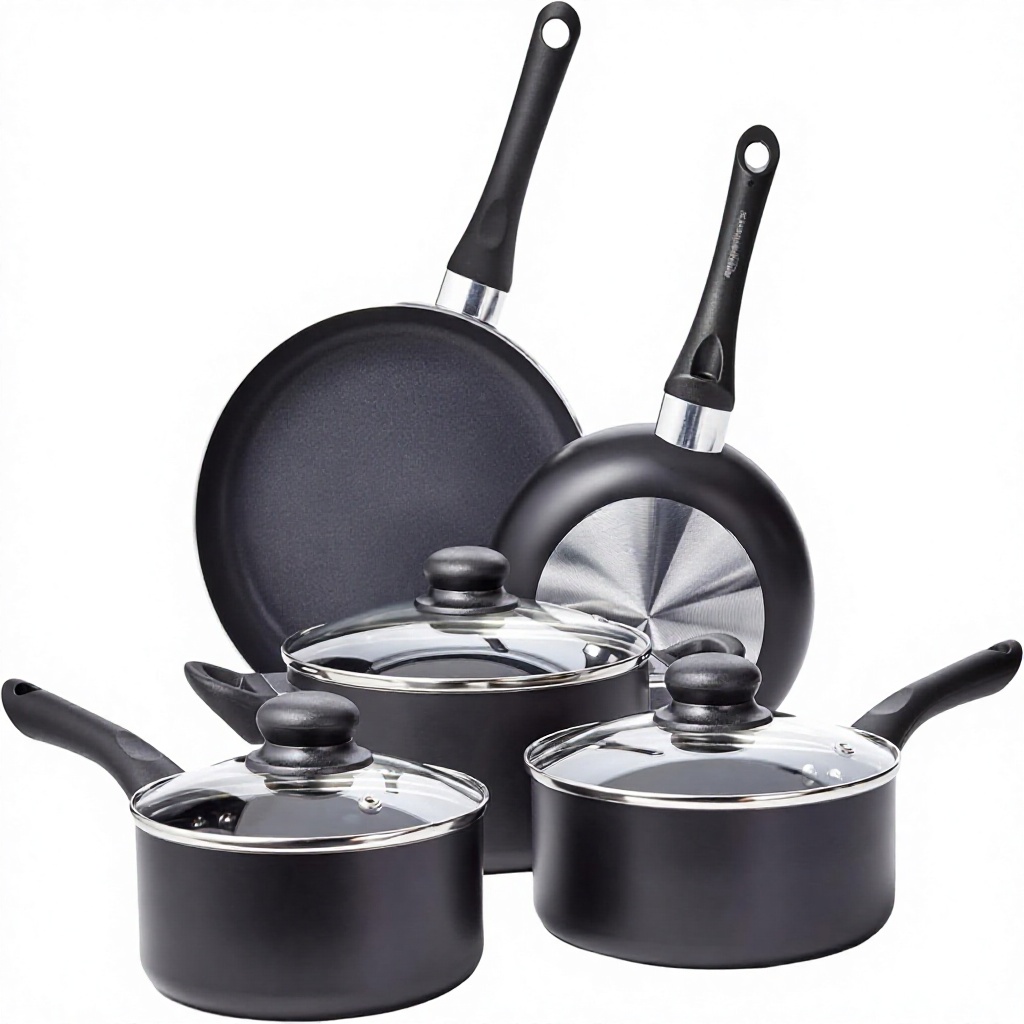 Basics Aluminum Ceramic Non-Stick 8-Piece Cookware Set with Gas & Induction Ready Pots Pans Plastic Hand Grip Pot Cover Black