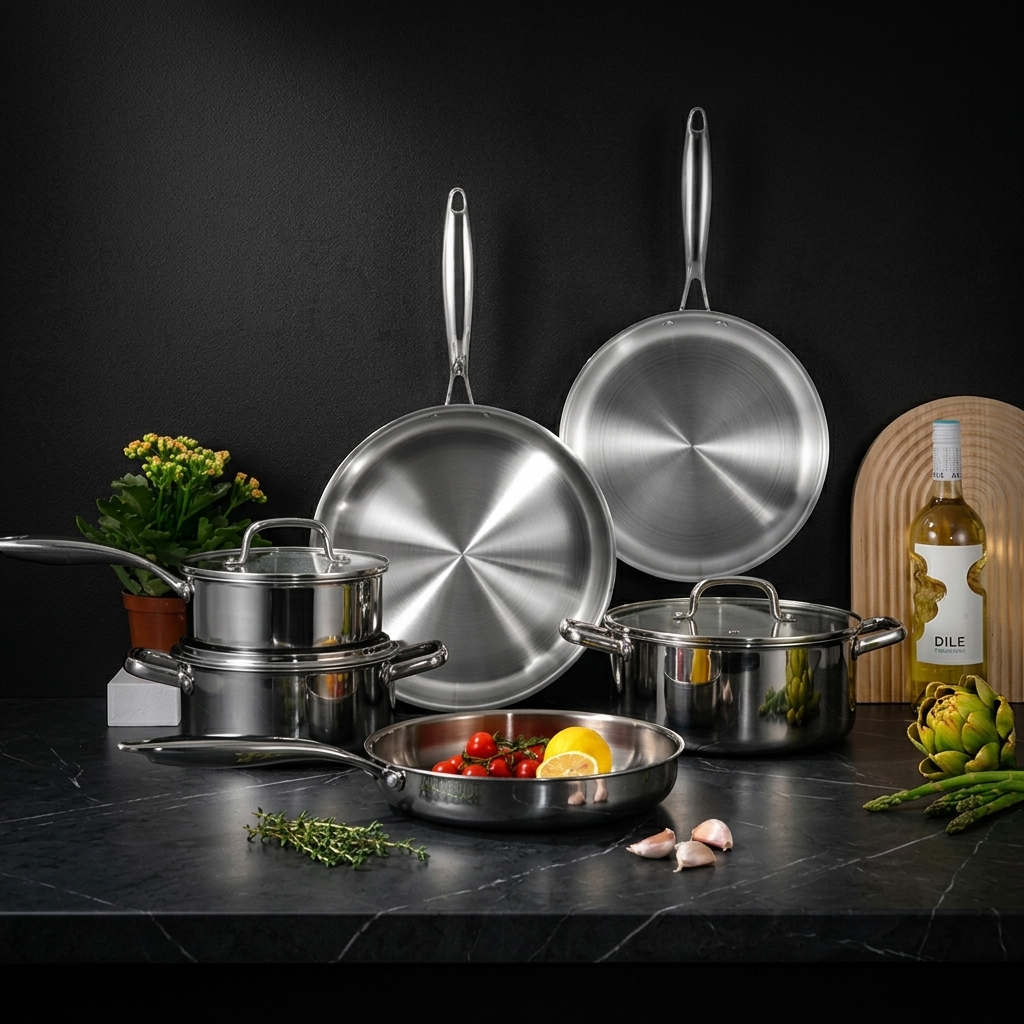 Factory Price Tri-ply Stainless Steel Cookware Set Non-Stick Interior Glass Cover Oven Safe Classic Design Flat Bottom for Home