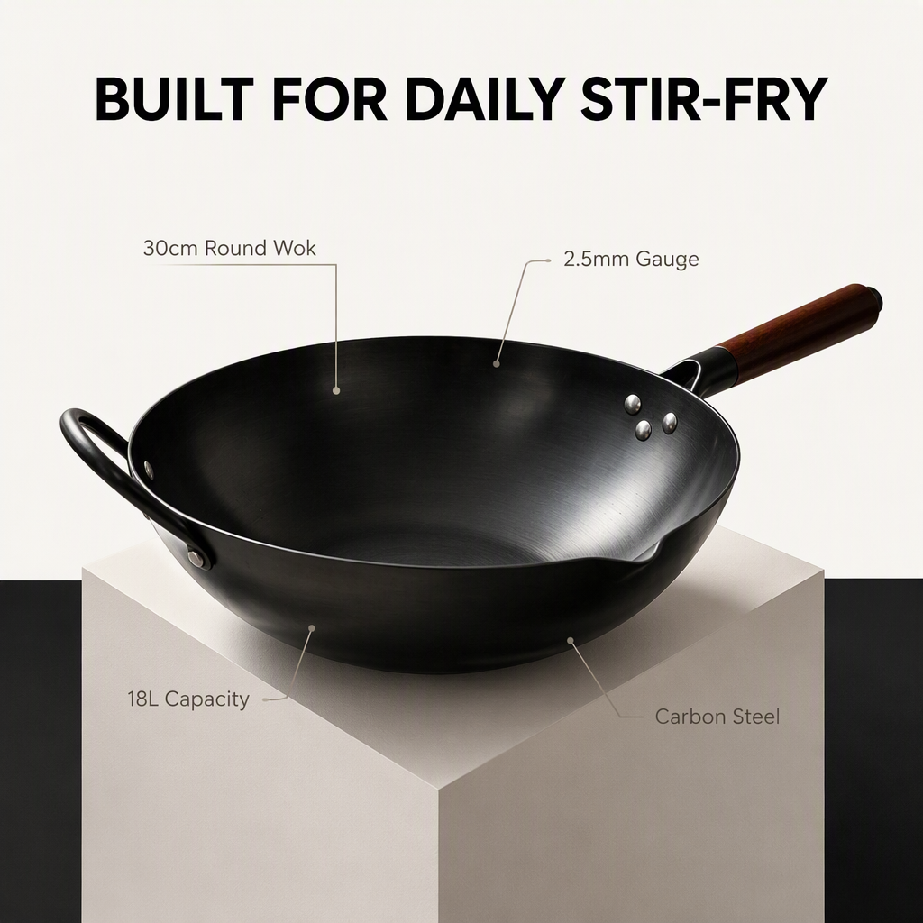 30cm Carbon Steel Round Wok Nitrided Surface Wood Handle Non Stick Stir Fry Pan for Gas and Induction Cookers