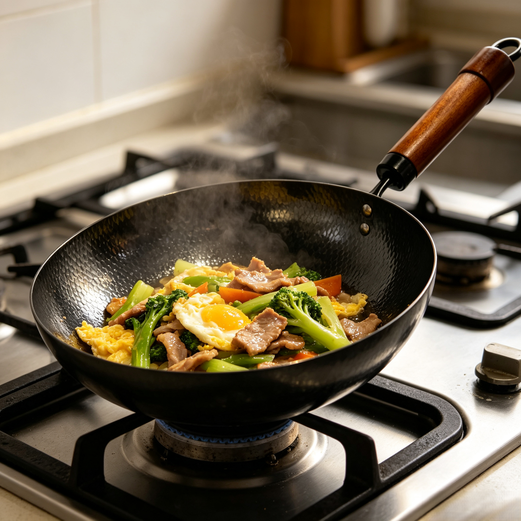 30cm Carbon Steel Round Wok Nitrided Surface Wood Handle Non Stick Stir Fry Pan for Gas and Induction Cookers