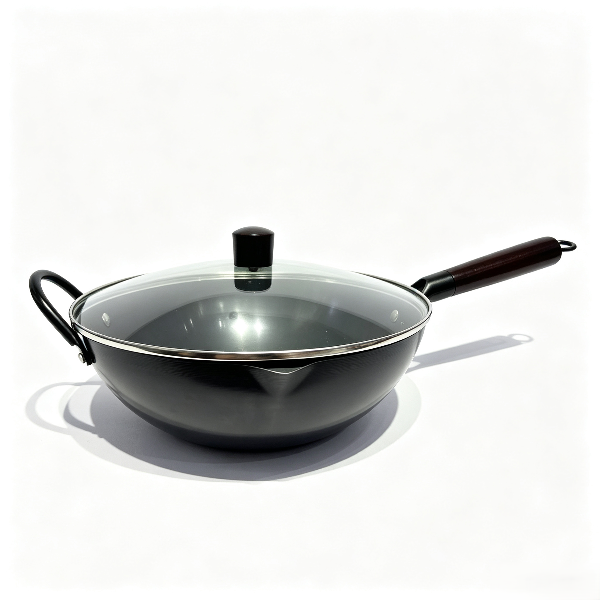 OEM/ODM 28/30/32/34cm Healthy Nitrided No Coating Carbon Steel Wok Gas & Induction Ready Tempered Glass Lid Wooden Handle